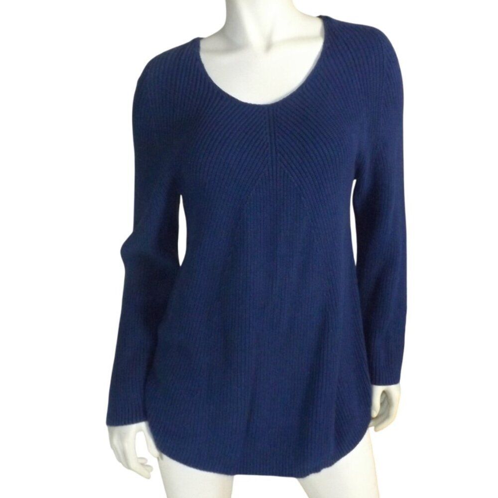 J.JILL Sweater, M, Blue Ribbed Knit, Scoop Neck, Long sleeves, Cotton blend